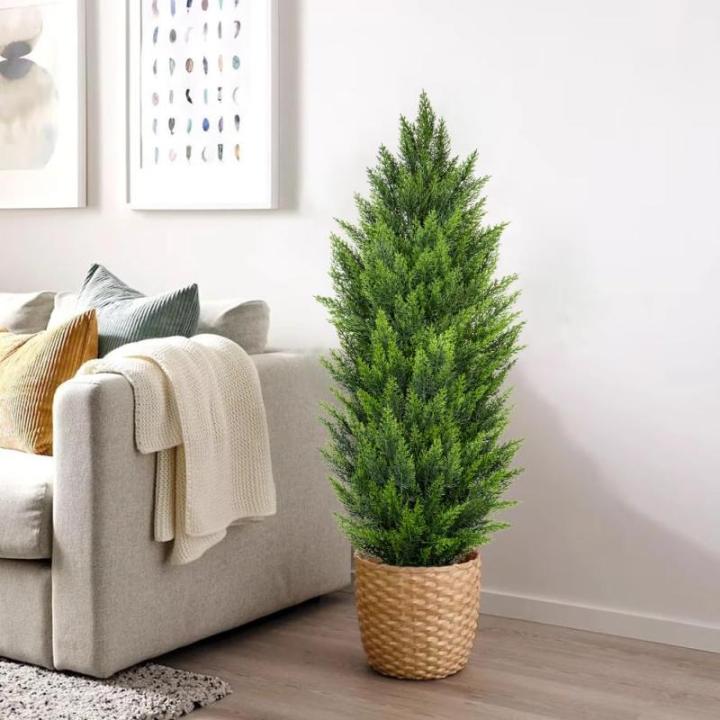 Künstliche Zedernbäume, UV-beständig, künstliche Sträucher, Zypressen, 14 cm breit, robuste Töpfe für Zuhause, Innen- und Außenbereich, Terrassentür, 1,2 m, 2 Stück