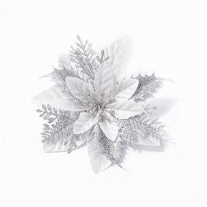 Kerstbloem, kerstster, glitter kerstbloemen, kerstster, kerstboombloemen, decoratie, kunstmatige kerstbloemen, kerstster, bloemen (zilver, 15 stuks)
