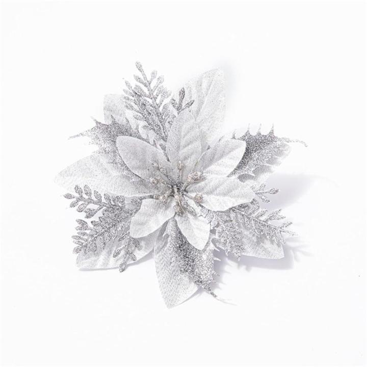 Kerstbloem, kerstster, glitter kerstbloemen, kerstster, kerstboombloemen, decoratie, kunstmatige kerstbloemen, kerstster, bloemen (zilver, 15 stuks)