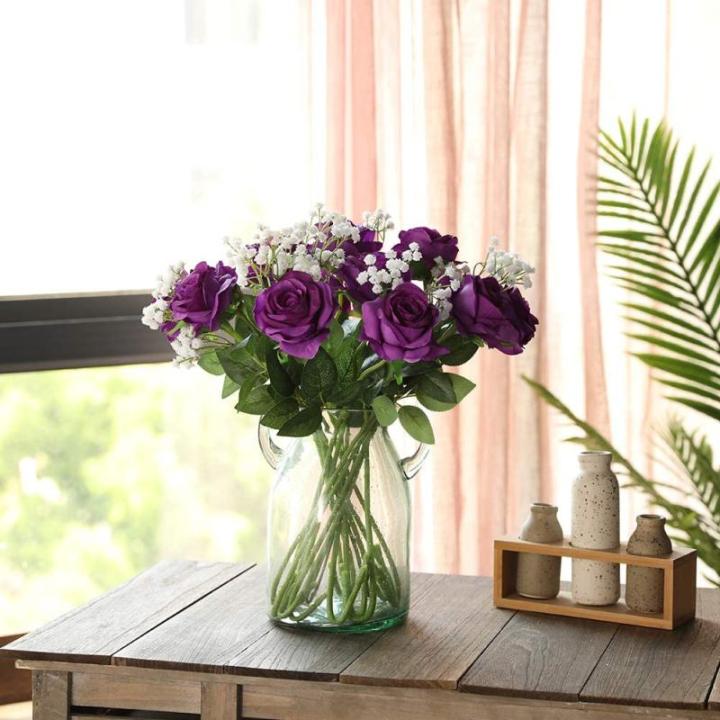 10 stuks zijden kunstrozen bloemen bruidsboeket bloemen (paars)