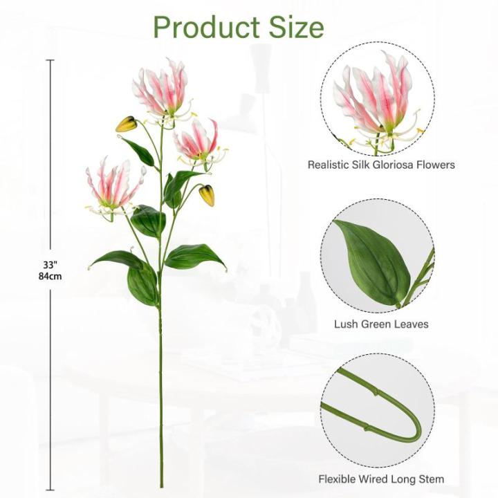 3 stuks kunstbloemen Gloriosa Lily kunstbloemen roze klimlelie, lengte 84 cm, kunsttakken lentebloemen kunstplant voor bloemstuk thuis, resto kantoordecoratie