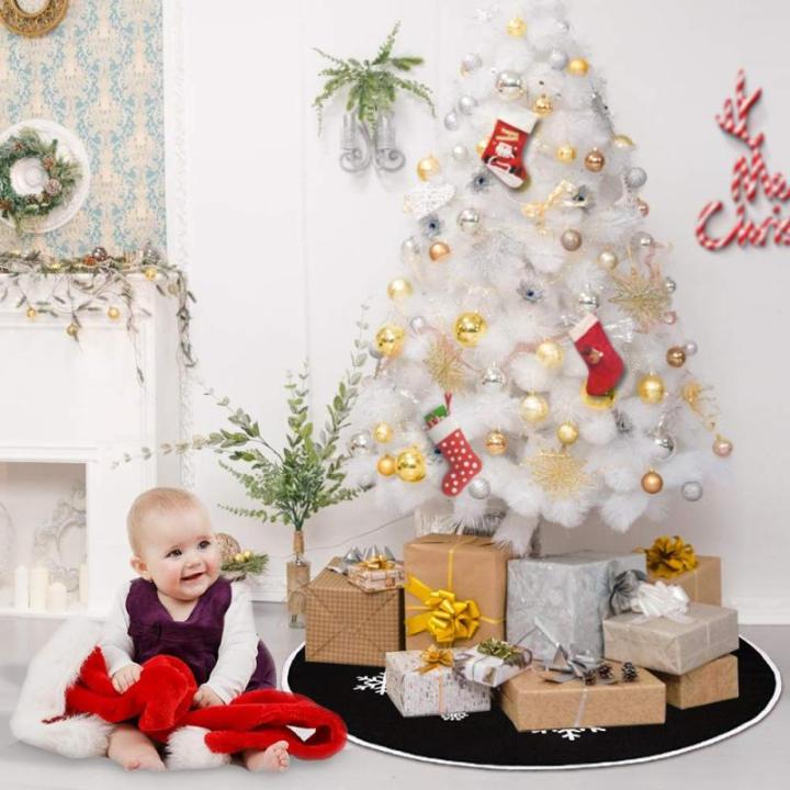 Zwarte kerstboomrok, witte sneeuwvlok, bedrukt, jute kerstboomtapijt, ornamenten, decoratie voor Kerstmis (76 cm)