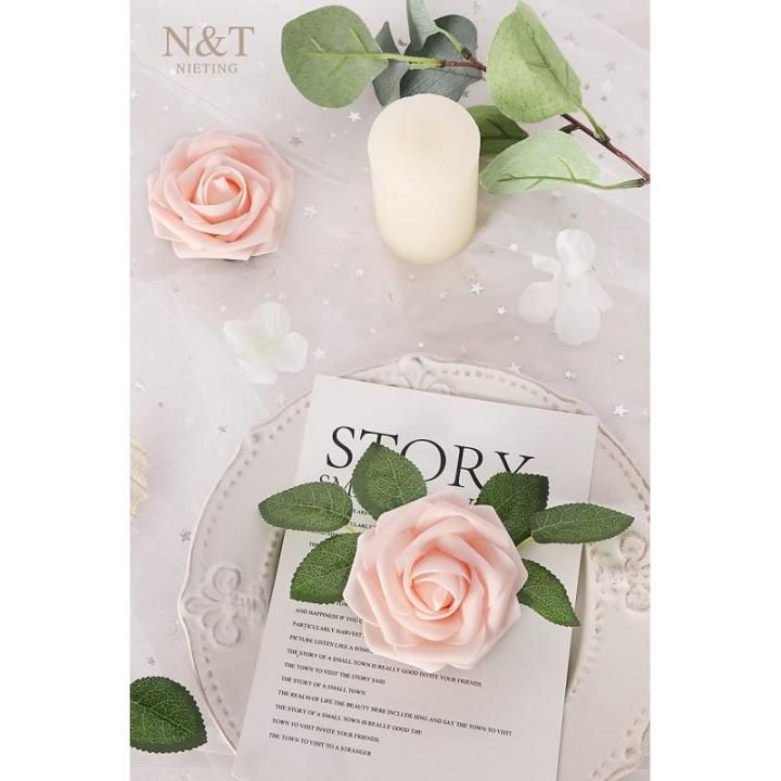 Kunstbloemen, rozen, 25 stuks, decoratieve bloemen, kunstrozen met stelen, Valentijnsdag, Moederdag, bruiloftsfeest, babyshower, woondecoratie, roze (blush pink)