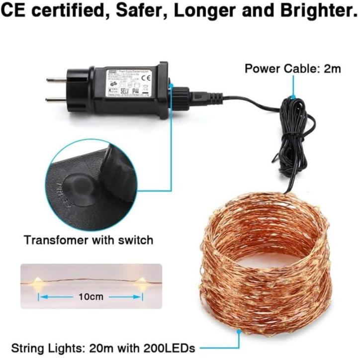 Kerstverlichting, 20M 200 LED Koperdraad Lichtslingers en Buiten Waterdicht 8 Modi Lichtslingers met Stekker Garland Licht voor Thuis, Feesten, Bruiloft, Kerstmis, Warm Wit