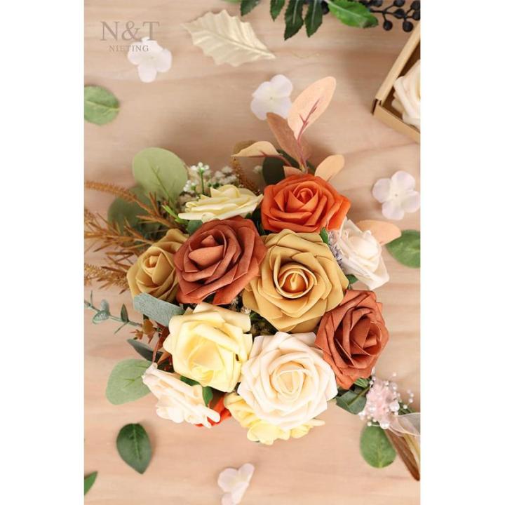 Kunstbloemen, rozen, 25 stuks, kunstrozen met stelen voor bruiloftsfeest, oogstfeest, herfstdecoratie, Valentijnsdag, Moederdag, woondecoratie, gemengd oranje