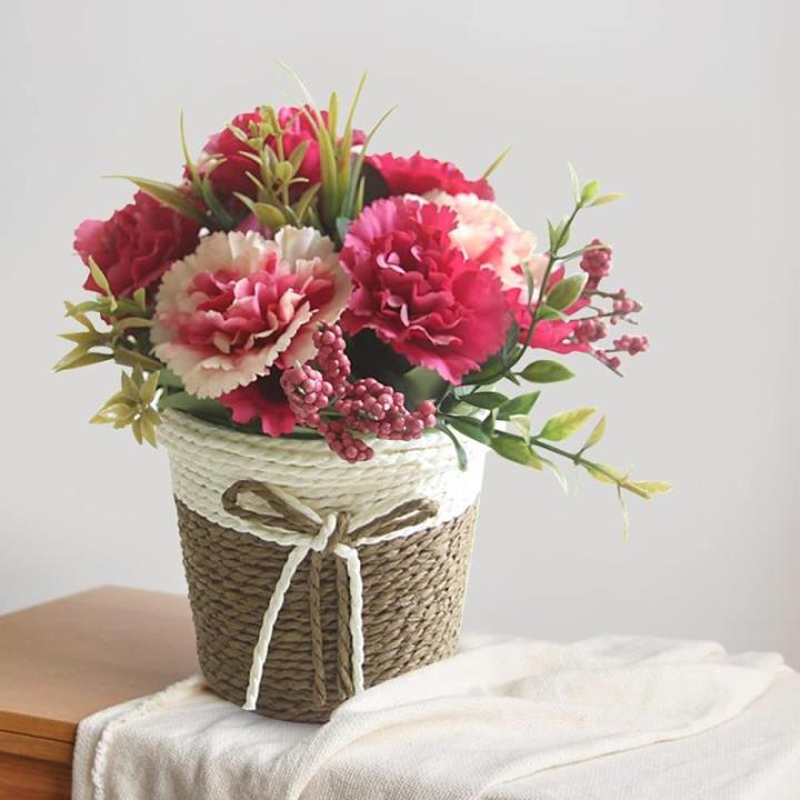 bonsai, imitatie bloemen planten, kunststoffen mini kunstbloemplant met rotan pot voor thuis, bruiloft, feest, kantoor, tafelmiddelpuntendecoratie (rood)