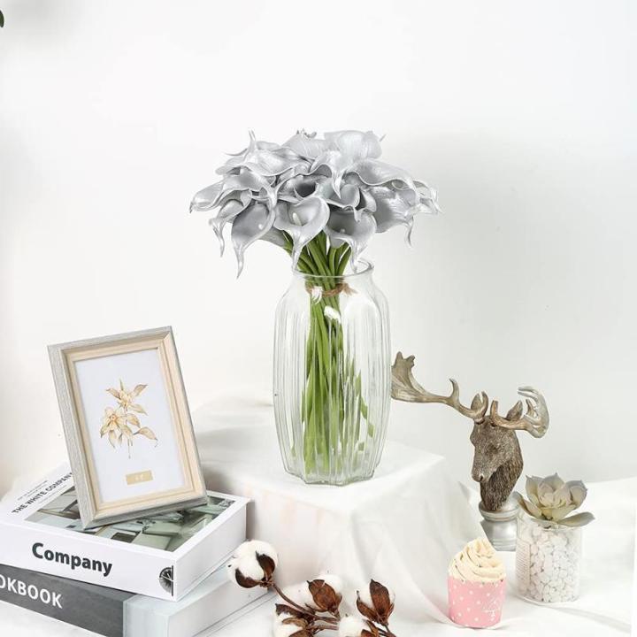 Künstliche Calla-Lilien aus Silber, 24 Stück, silberfarbene Blumen für selbstgemachte Hochzeitssträuße, Tafelaufsätze, Brautparty, Party, Zuhause, Blumenarrangement, Dekorati