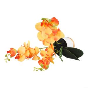 Künstliche Blume, Phalaenopsis-Bonsai-Dekoration, künstliche Orchidee, lebensechte künstliche Blume, Display in Weißgold-Topf (orange)