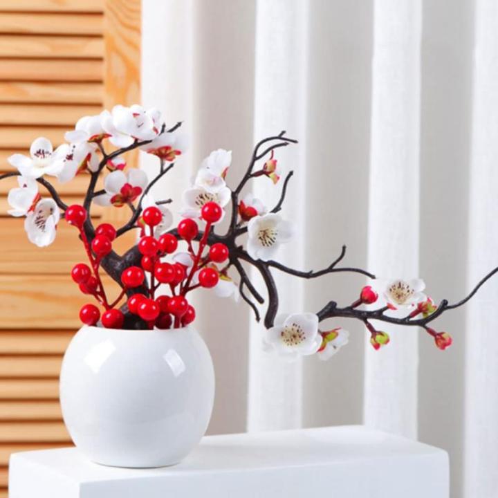Kunstblumen Künstliche Pflaumenblüte mit Vase, Desktop-Bonsai-Topf-Ornament für Hochzeit, Heimbüro, schön aussehende Kunstblumen für jeden Anlass