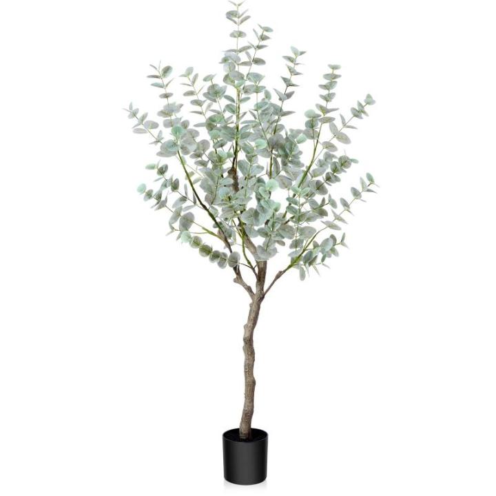 Kunstmatige eucalyptusboom 1,2 m hoge nep zilveren dollar bladeren eucalyptusplanten kunstzijde eucalyptus stengels, komen met geweven zeegras buikmand kunstplant voor huisdecorati