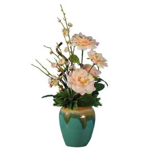 Kunstblumen Künstliche Blumen für den Innenbereich, künstliche Orchidee, Camelchang Verkündigung, Pflaume, Teeblumen-Set, Seidenblume mit Keramikvase für jeden Anlass