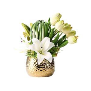 Kunstblumen Künstliches Blumenset, künstliche weiße Lilienrose mit Goldener Vase, Hochzeitsfeier, Heimdekoration, Wohnzimmer-Schlafzimmer-Arrangements für jeden Anlass