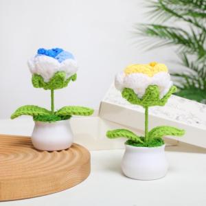 Kunstbloem roos gehaakte bloemen potplant, mini gebreide bloempot, kleine handgemaakte gehaakte bloem voor thuiskantoor tafeldecoratie, cadeau voor haar Valentijnsdag (2, witblauw)