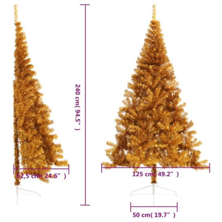 Kunstkerstboom, halve kerstboom met standaard, 240 cm hoog, kerstdecoratie, kunstboom, hoge kunstboom, kerstboom, kerstboom, kerstboom, PET en staal, goud