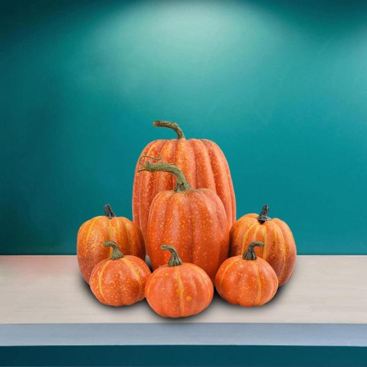 7 stuks kunstpompoenen, pompoen, decoratie, sierpompoen, kunstplantset voor Halloween, decoratie, herfstdecoratieset, 4 maten, geel