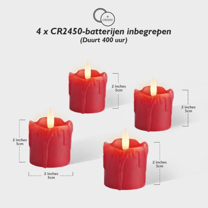 Set van 4 rode vlamloze votief kaarsen echte wax druipend ontwerp, LED Faux batterij aangedreven theelicht kaarsen met timer voor Kerstmis en Advent, batterijen inbegrepen - D 5 cm
