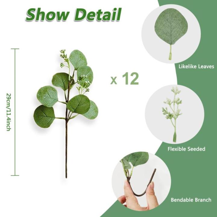 Künstliche Pflanzen Eukalyptus Deko 12Pc Simulation Grüner Eucalyptus Hinterlässt Zweige Silberdollar Eukalyptus Pflanze Bulk für Hochzeit, Garten, Haus, Büro, Indoor Outdoor 