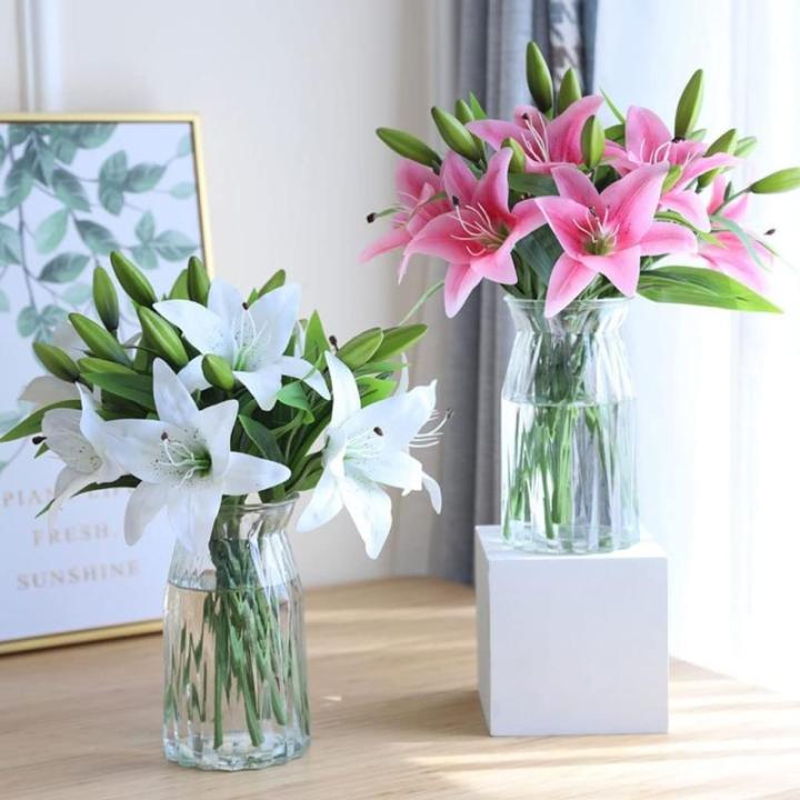 Kunstblumen Künstliche Blumen mit Glasvase, künstliche Lilienblumen, Pflanzen für Zuhause, Wohnzimmer, Büro, Party, Dekoration, echte Haptik für jeden Anlass