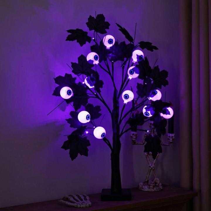 Halloween Dekor Innen Schwarz Ahornblatt Baum Lichter mit 24 LEDs,Halloween Deko Gruselig Lichterbaum mit LED Spinnenlicht,Birkenbaum mit Timer für Halloween Decoration Tischlicht