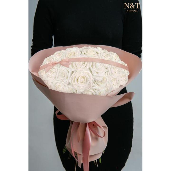 Glitterroos kunstbloemen, 25 stuks kunstrozen, bloemen met stengels, echte touch, kunstschuim, rozen voor bruiloft, boeketten, feest, kantoor, baby, douche, thuis, kerstdecoratie (