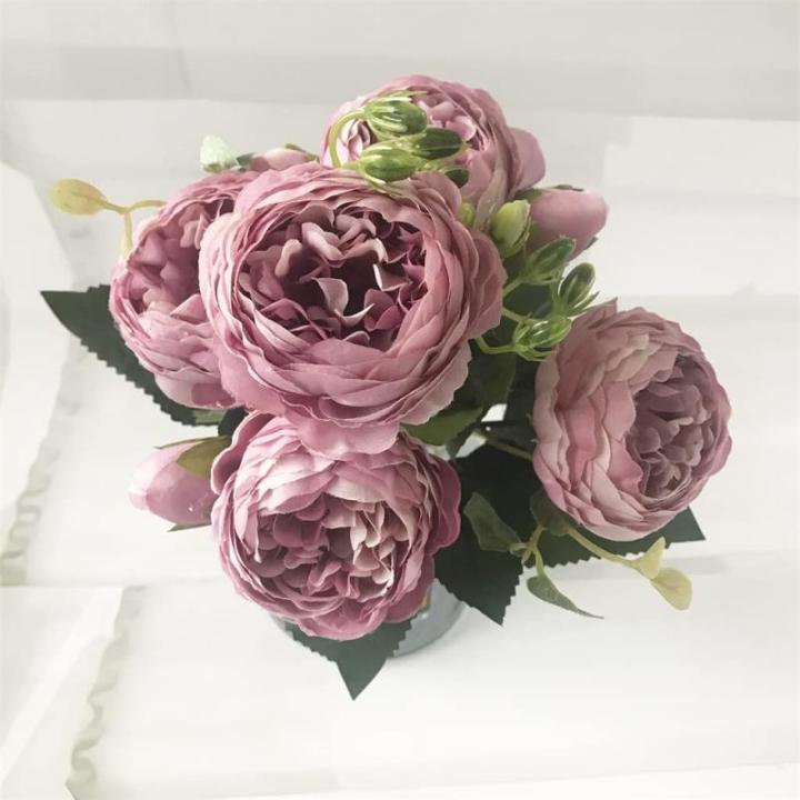Rose Pink Silk Peony Bloemen Boeket 5 Grote Hoofd en 4 Knoppen Nep Bloemen voor Thuis Bruiloft Decoratie Indoor (J,6 * 30cm)