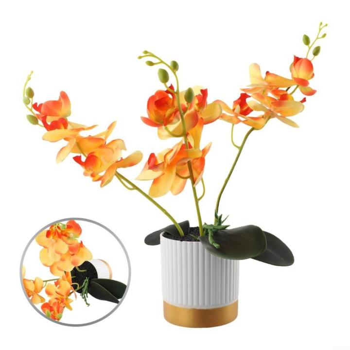 Künstliche Blume, Phalaenopsis-Bonsai-Dekoration, künstliche Orchidee, lebensechte künstliche Blume, Display in Weißgold-Topf (orange)