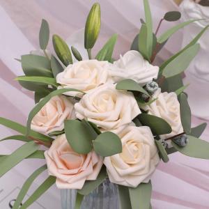 Kunstbloemen, rozen, 25 stuks, kunstrozen met stelen, kunstbloemen, rozen voor bruiloft, thuis, feest, babyshower, Valentijnsdag, decoratie, serie champagnekleur