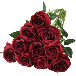 Kunstmatige Zijde Roos Bloem Enkele Stam Levensechte Nep Roos voor Bruiloft Boeket Bloemenarrangementen Huis Feest Bloemstuk Decoratie, 10 stuks (Gradiënt Donkerrood)