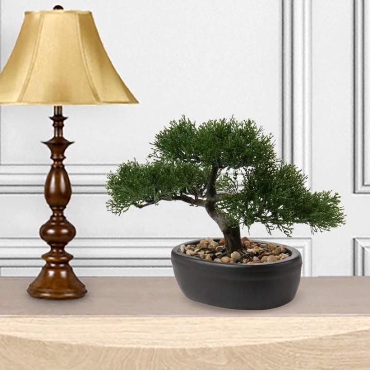 Kunstbonsai Natuurgetrouwe kunstplant, kunstboom, bonsai, ceder, grenen, podocarpus, plastic plant, kunstplant met keramische pot in zwart, voor badkamerdecoratie, desktop, kantoor