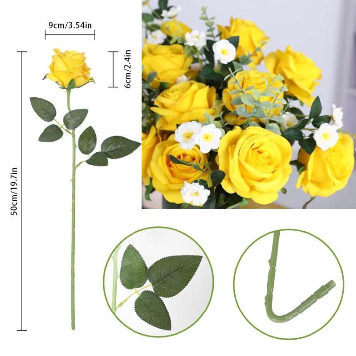 10 stuks gele rozen, kunstzijden bloemen, rozen met stelen, doe-het-zelf, bruiloft, boeket, thuis, kantoor, bruiloftsarrangementen (geel)