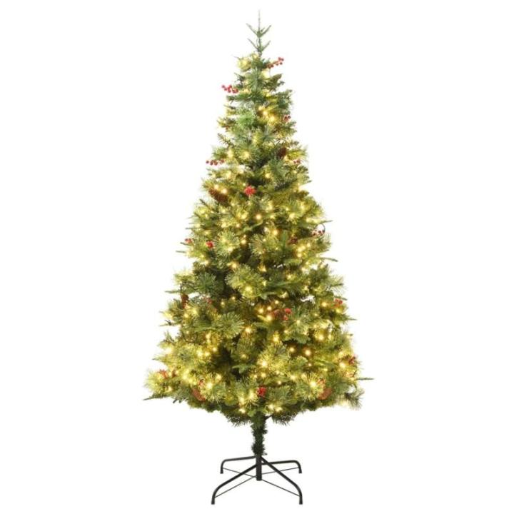 Weihnachtsbaum mit Beleuchtung und Kiefernzapfen Grün 225 cm Christbaum Dekobaum mit Ständer Kunstbaum Tannenbaum Weihnachten Künstlicher Weihnachtsbaum für Weihnachtsdeko