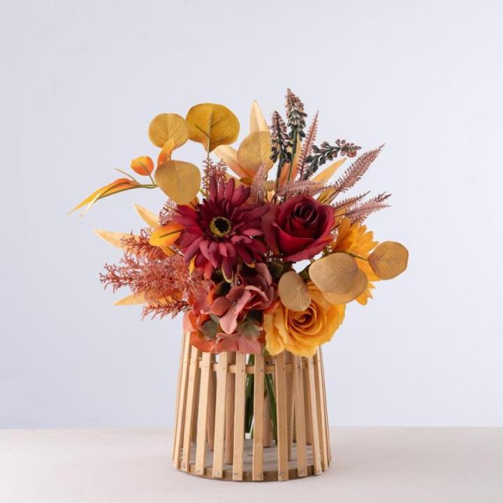 Kunstblumen Künstliche Pflanzen Blumen Deko Seidenblumen Blumenarrangements Kernstück Hochzeit Blumenstrauß(Herbstrot)