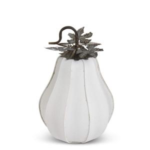 K&K Interiors 41552D-WH-1 32,5 cm weißer Spaltleder-Kürbis mit Metallblättern