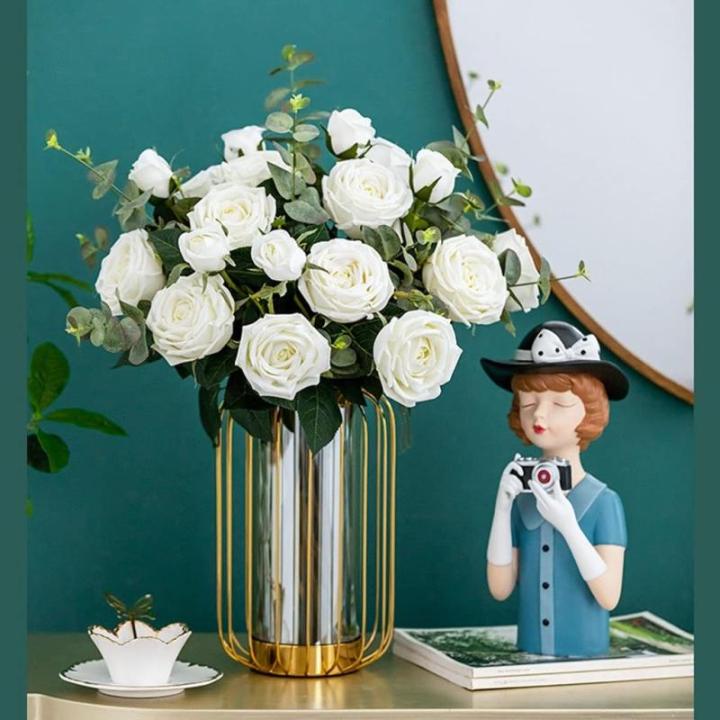 Kunstblumen Künstliche Blumen mit Vase, Tischpflanzen, Kunstseidenrose, künstliche Pflanzen, Arrangement, Innendekoration, Leichter Luxus für jeden Anlass