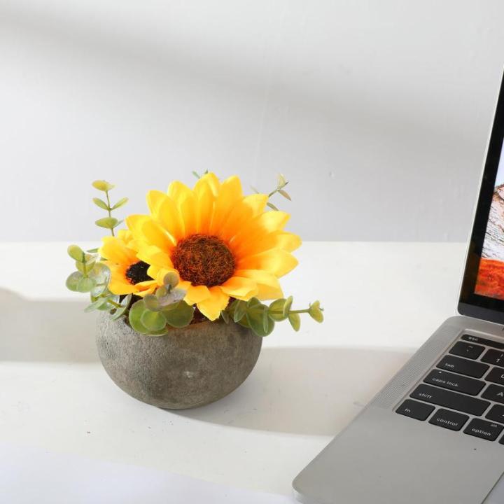 Kunstbloem zonnebloem met pot, combinatie van namaakzijde zonnebloemen en groen, kleine pot voor slaapkamer, feest, bruiloft, decoraties (1, zonnebloem)