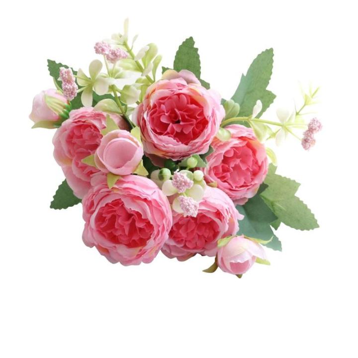 Simulation Blumenstrauß,Künstlicher Blumenstrauß Pfingstrose, 5er-Bouquet, echte Seidenblumen mit Stiel, cremefarbene Kunstblumen als Dekoration in großen Mengen(Dark Pink)