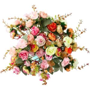 21 kunstzijden rozen, 2 bundels , decoratieve kleine boeketten , kunstboeket, realistisch plastic boeket voor huis, feest, taartdecoratie