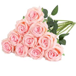 Kunstmatige Zijde Roos Bloem Enkele Stam Levensechte Nep Roos voor Bruiloft Boeket Bloemenarrangementen Huis Feest Bloemstuk Decoratie, 10 stuks (Lichtroze)