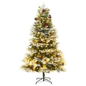 Künstlicher Weihnachtsbaum mit LED Beleuchtung Weihnachtsbaum mit Schnee mit Tannenzapfen Grün und Weiß PVC 195 x 105 cm