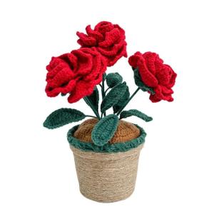 Gehäkelte Blume, Handgestrickte Topfpflanze, handgewebte chinesische Rose, Kunsthandwerk, Geschenk zum Muttertag, Hochzeitsdekoration