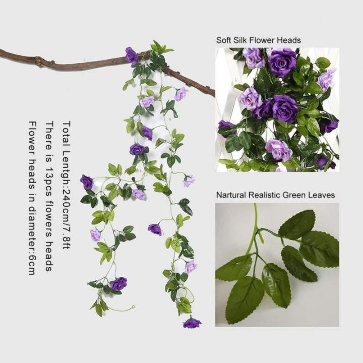 2 stuks 240 cm lange tweekleurige kunstrozenslinger-ranken, hangende zijden bloemen, voor buiten- en binnen, bruiloft- en muurdecoratie (paars)
