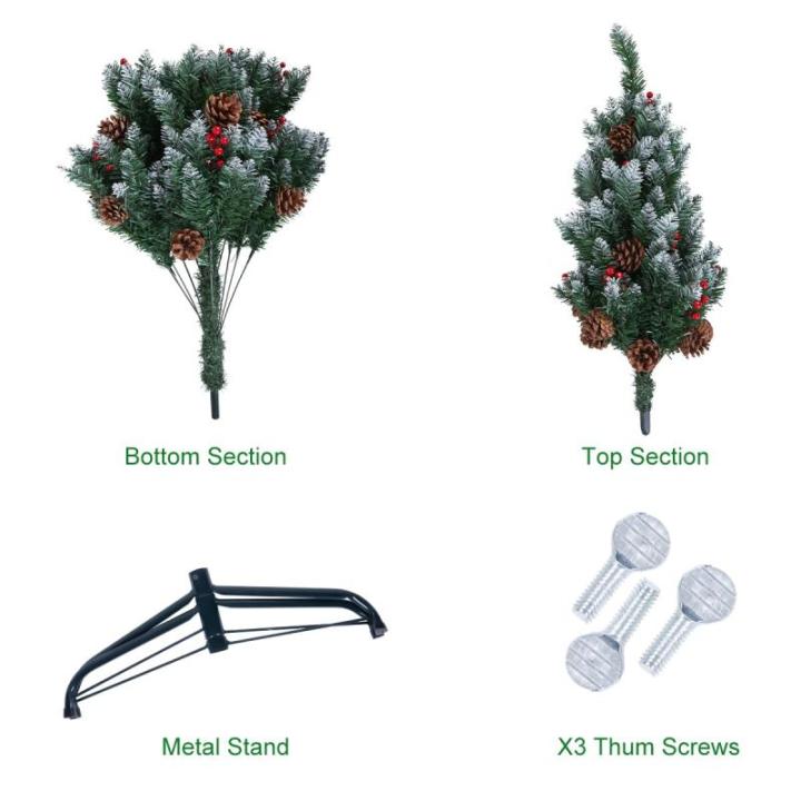 Kerstboom van 2,1 m met dennenappels en bessen, 2,1 m PVC kunstmatige kerstboom met sneeuw stroomden tips kerstdecoratie staande kerstboom voor binnen buiten groen en wit