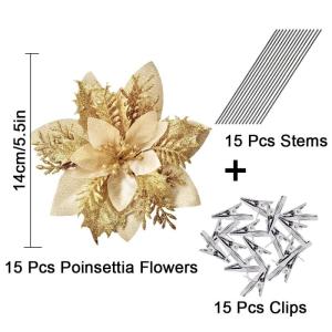 Kunstbloemen, 15 stuks, 14 cm, glitter, kerstbloemen met clips, stammen, kerstboom, ornamenten voor doe-het-zelf kransen, slinger, huis, feest, vakantie, decoratie, goud