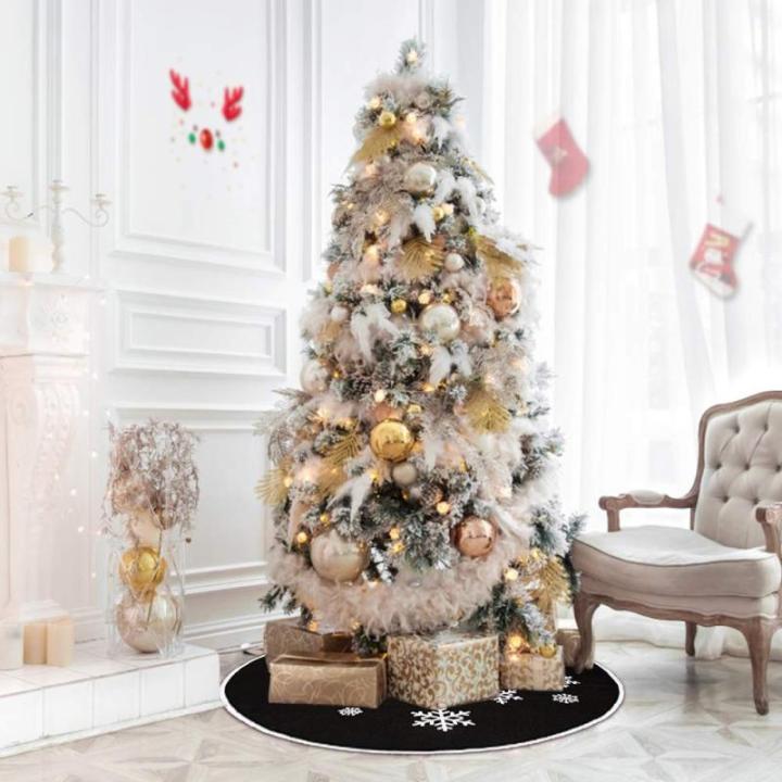 Zwarte kerstboomrok, witte sneeuwvlok, bedrukt, jute kerstboomtapijt, ornamenten, decoratie voor Kerstmis (76 cm)