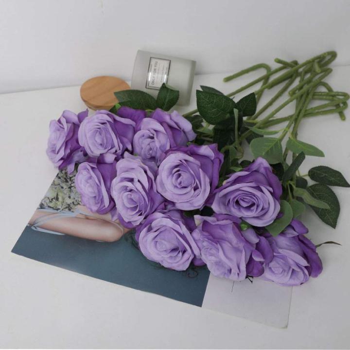 Kunstmatige Zijde Roos Bloem Enkele Stam Levensechte Nep Roos voor Bruiloft Boeket Bloemenarrangementen Huis Feest Bloemstuk Decoratie, 10 stuks (Verloop Licht Paars)