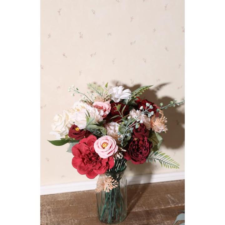 Kunstbloemkoppen, rozen, pioenrozen, dahlia's, bloemhoofden, zijden bloemen, voor feest, doe-het-zelf, bruid, bruiloft, bloemstukken, combo decoratie (wijnrood)
