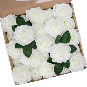 Kunstbloemen, rozen, 25 stuks, kunstrozen met stelen, kunstrozen van schuimstof, decoratie voor doe-het-zelf bruiloft, arrangementen, feesten, woondecoraties, ivoorwit