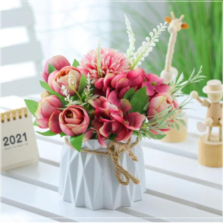 Kunstblumen Künstliche Blumen, Seidenblumen, Blumensträuße mit Keramikvase, Tischdekoration, gemischte künstliche Blumenarrangements für jeden Anlass