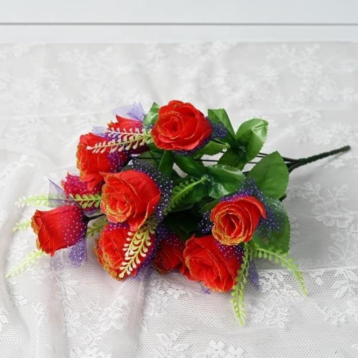 Künstlicher Rosenstrauß, Simulation von 12 Pfauenrosen, Seidenblumen, Hochzeitsdekoration, Heimtextilien, künstliche Blume (Orange)
