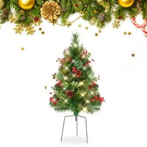 Holiday Planter Filler, Artificial Christmas Urn Filler, Faux Christmas Flowers for Outdoor Planters, Lighted Artificial Christmas Pre-lit Decorations with Tripod Stake, Pot Filler